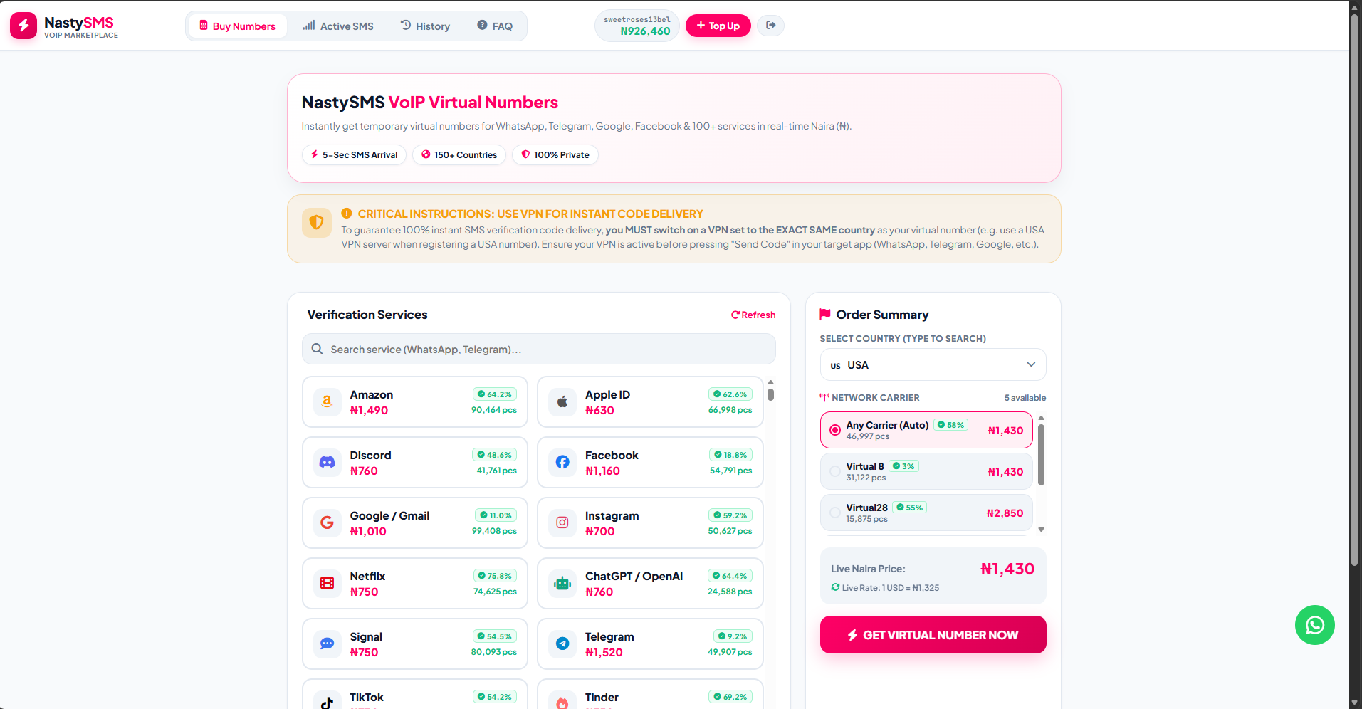 NastySMS Virtual Numbers Platform